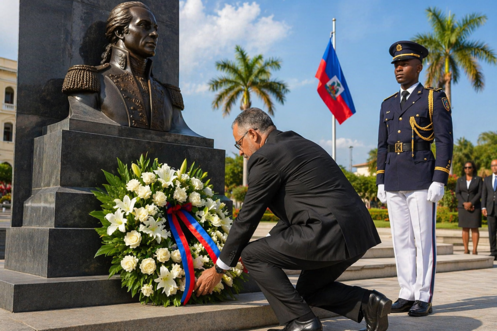 Seremoni omaj ak depo flè devan moniman istorik nan Ayiti ak gad onè prezan